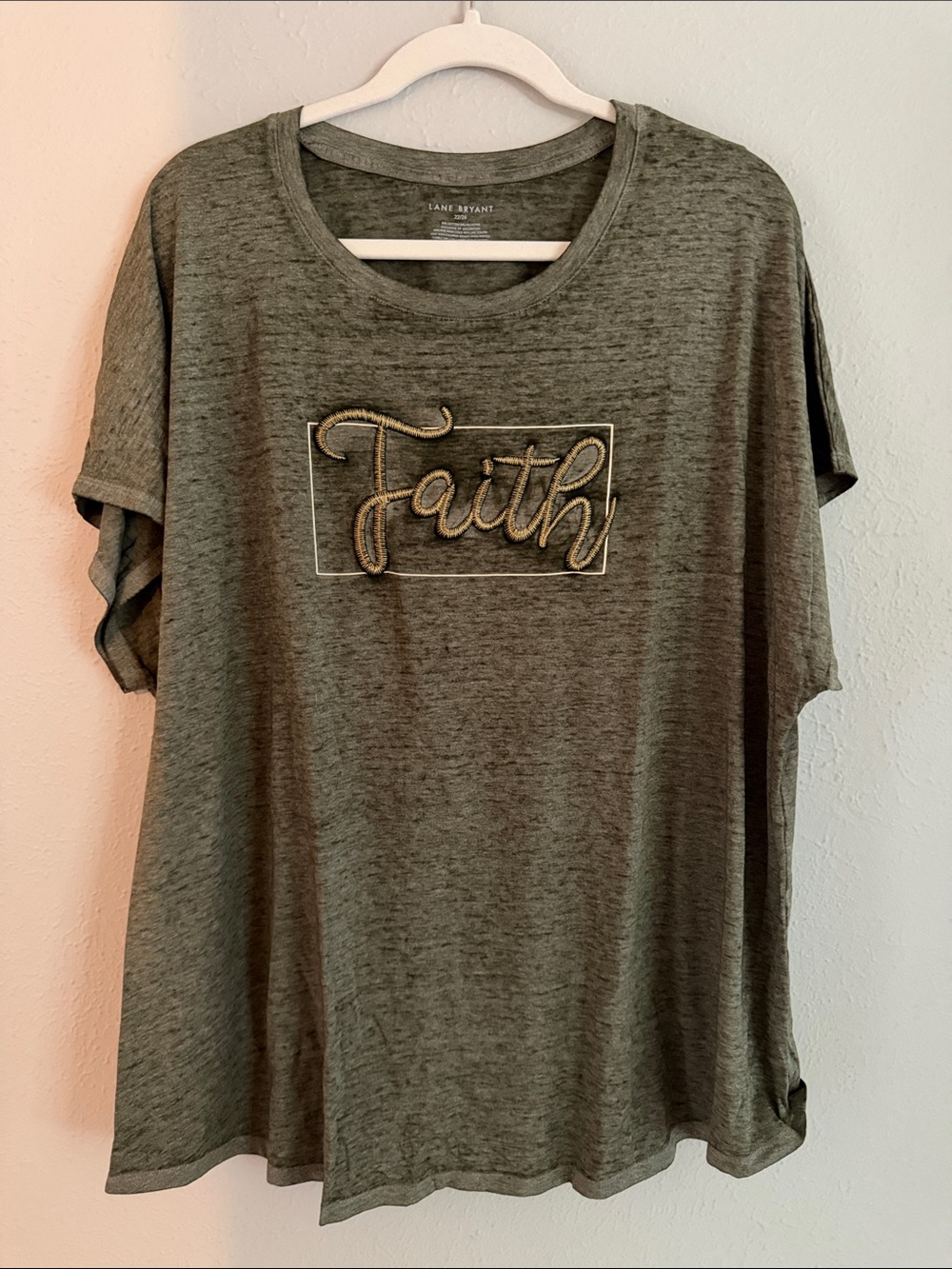 Lane Bryant Olive Green 'Faith' Embroidered Short Sleeve Tee